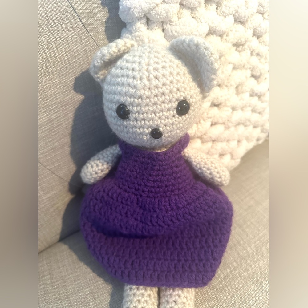 HAND CROCHETED LITTLE GIRL TEDDY BEAR WITH PURPLE DRESS ~ 15" TALL ~ BRAND NEW